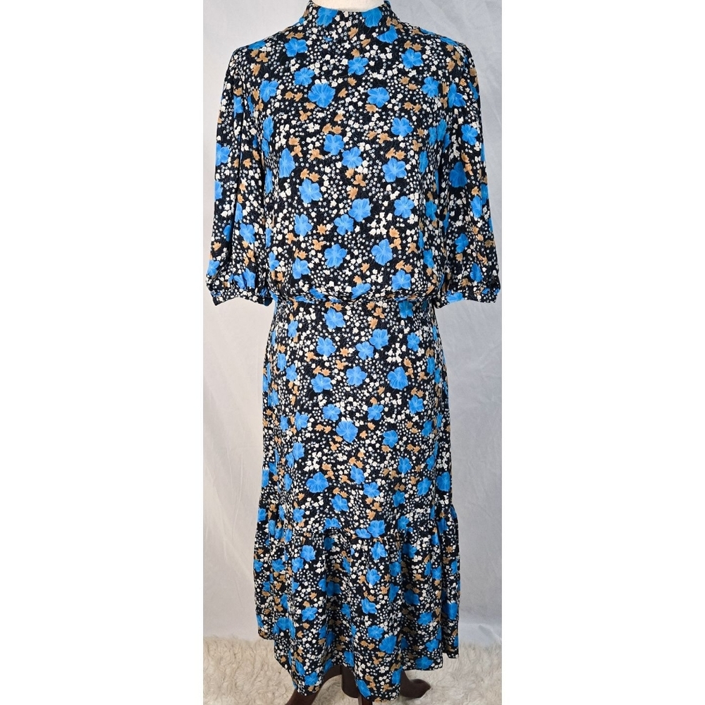 Ann Taylor Puff Sleeve Midi Sheath Dress Navy Blue Floral Classic Formal